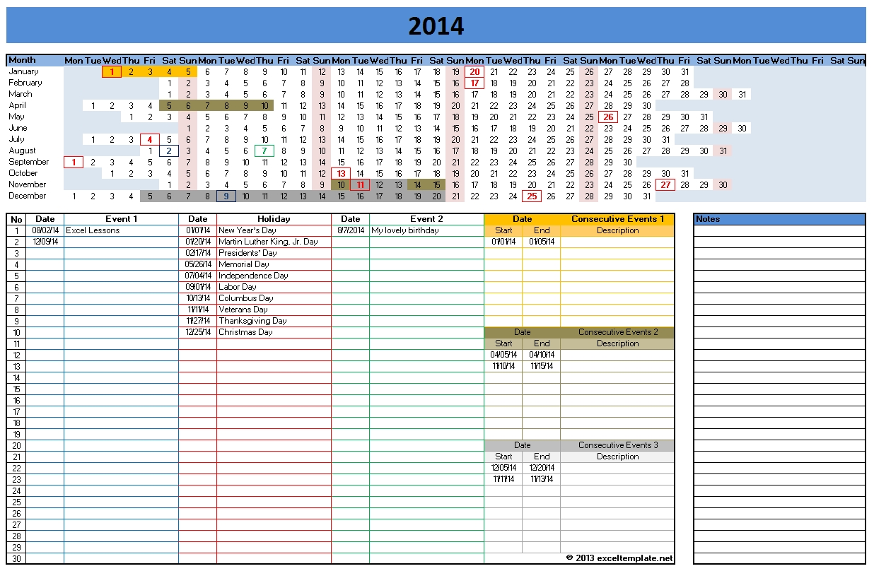 2014 Calendar Template For Excel 2007